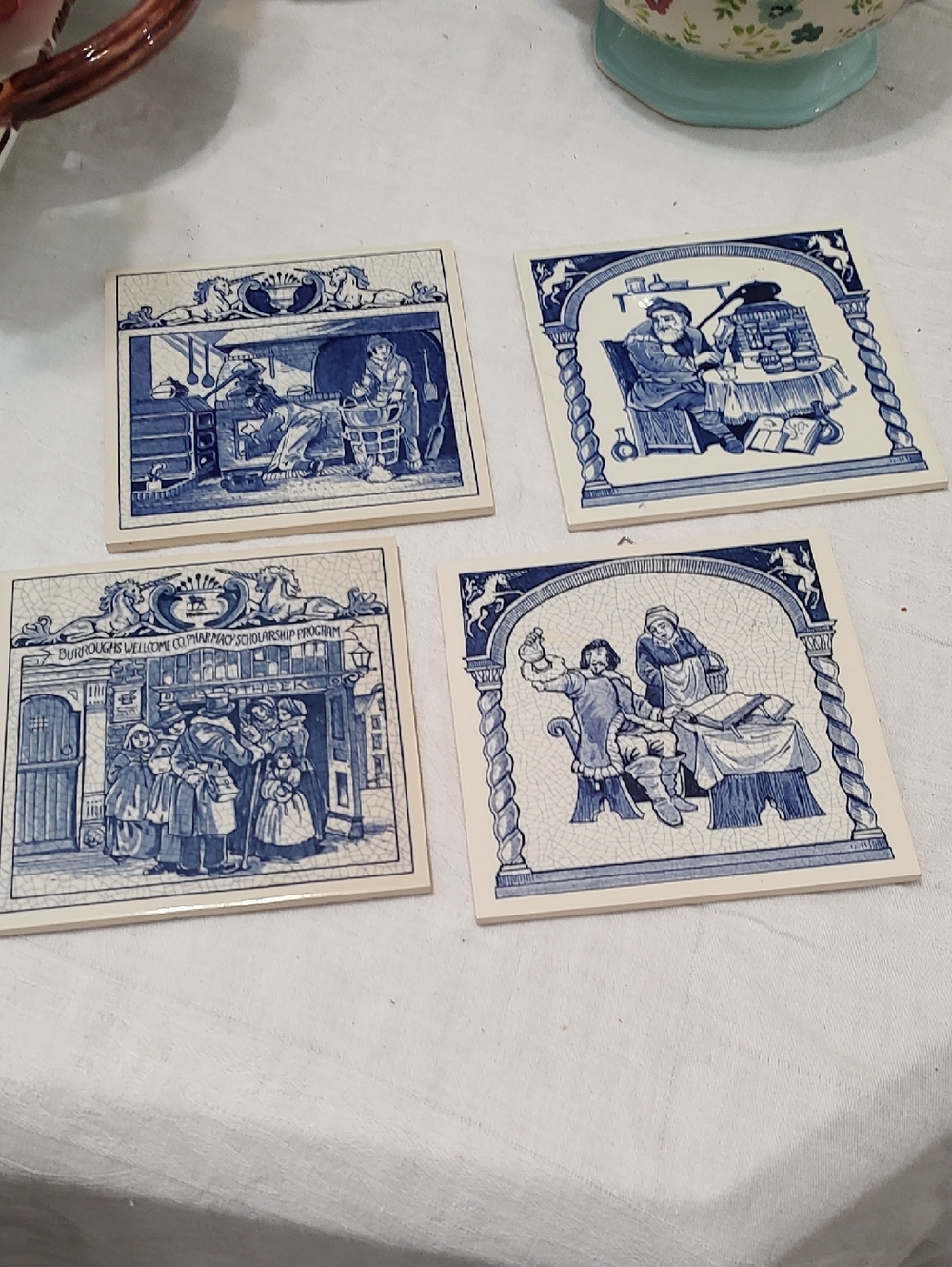 Vintage Holland Blue Delft Ceramic Tile Coasters - Set of 4